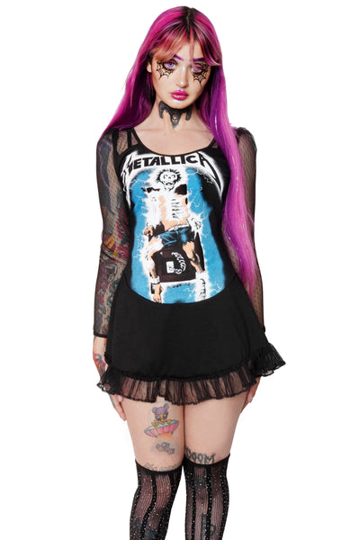 black mini dress with sheer polka dot mesh long sleeves and mesh bottom trim. Features skeleton on electric chair with inscription reading "METALLICA"
