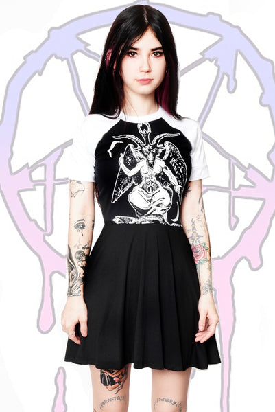 Black baby doll style dress with white baseball tee short sleeves and white trim neckline. White print on dress features Baphomet goat.