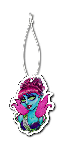 Air freshener features cartoon blue pageant queen with red hair and green eyes wearing sash that reads "MISS ARGENTINA".