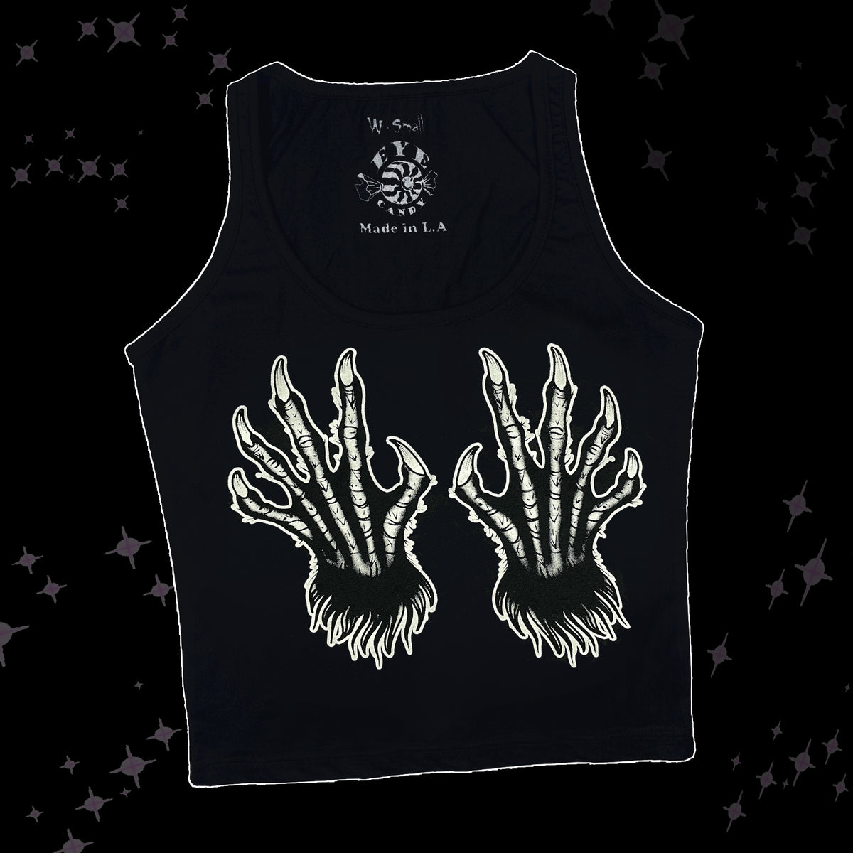 black tank top. Features white hairy monster claws with sharp nails across chest..
