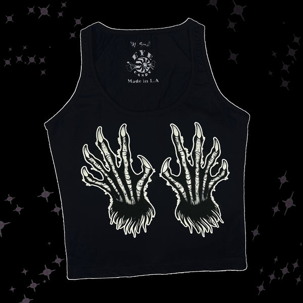 black tank top. Features white hairy monster claws with sharp nails across chest..