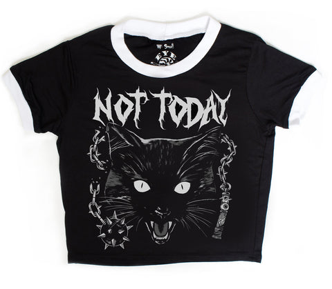 Black ringer tee with white trim. Features image of a black cat and a morning star weapon. Inscription in white reads "NOT TODAY".