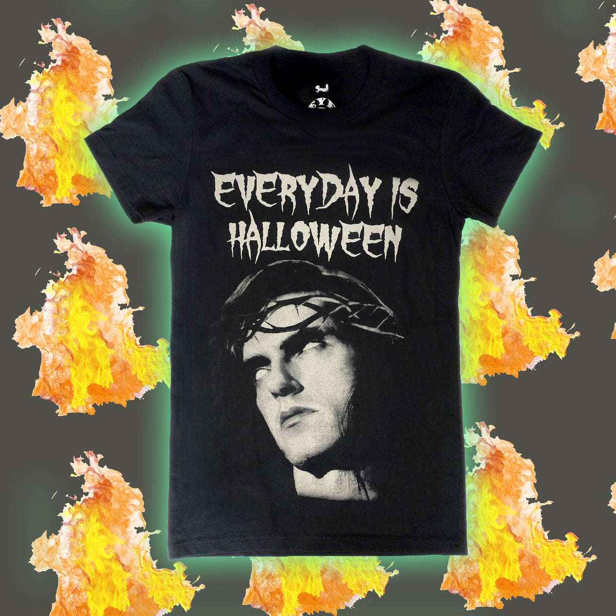 Black short sleeve T-shirt. Features white image of Peter Steele with eyes rolled up wearing a thorn crown. White inscription reads "EVERYDAY IS HALLOWEEN"