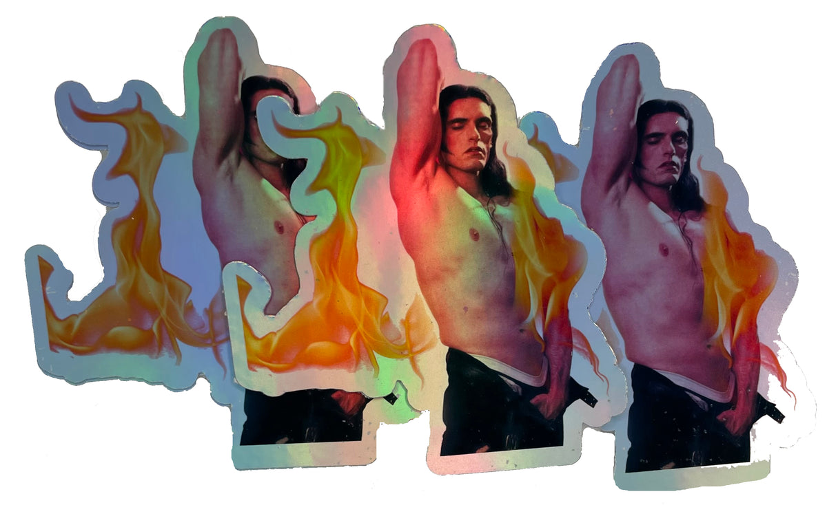 Holographic Vinyl sticker. Features image of Peter Steele topless with black pants unzipped. Image of flames in front and behind Peter.
