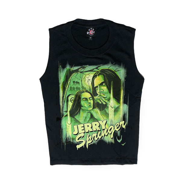 Black sleeveless high neck tank top. Features green print image of Peter Steele in two different thinking poses. Lit up candle in front of image and tree in background. Green inscription reads "JERRY Springer"
