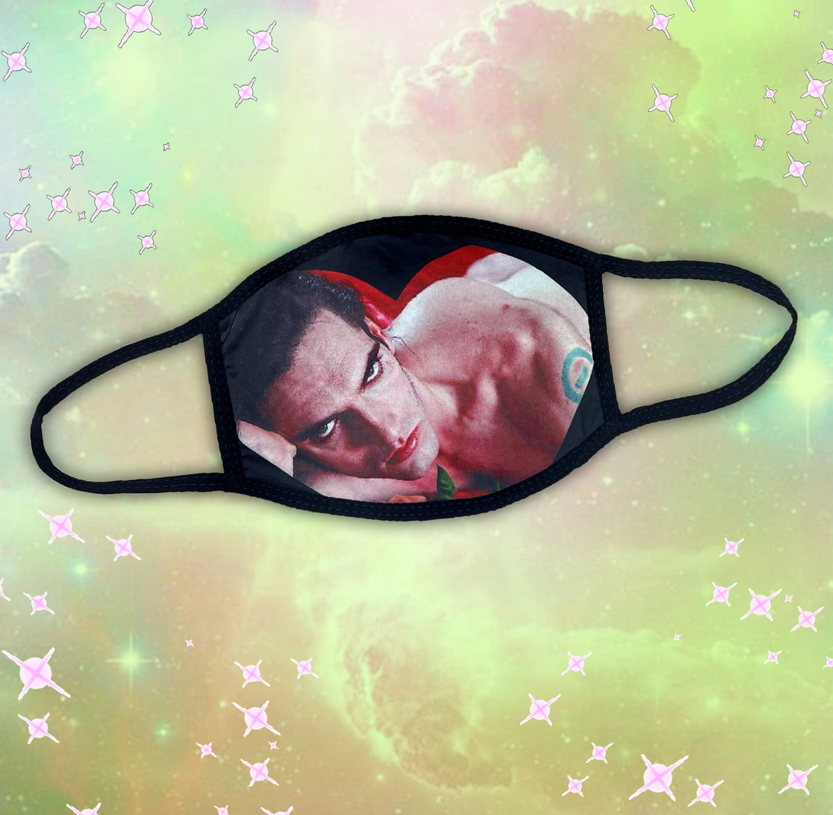 Black face mask. Features picture of Peter Steele topless laying in bed with red sheets