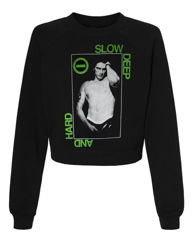 Black pull over long sleeve sweater. Features white print image of topless Peter Steele with pants unzipped. Green inscription reads "SLOW DEEP AND HARD"