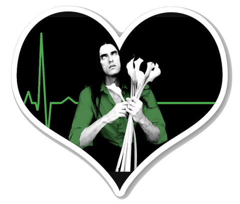 Heart shape vinyl sticker. Features white image of singer Peter Steele with eyes rolled up, wearing a green shirt and holding white flowers. Green electro cardio gram in background.