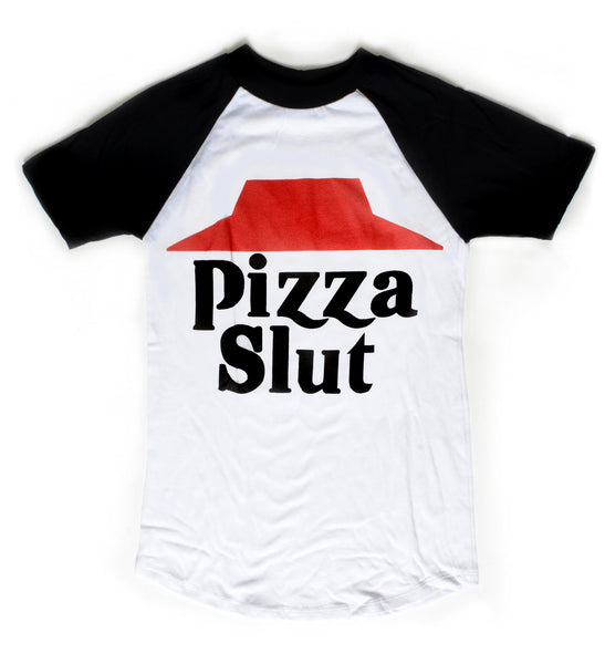 White baseball tee with black short sleeves and black trim neckline. Features image of red hat with black inscription "PIZZA SLUT".