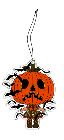 Air Freshener with black elastic band. Features jack o lantern head wearing a dress with skulls and orange trim, orange collar and orange bow. Black bats flying around.
