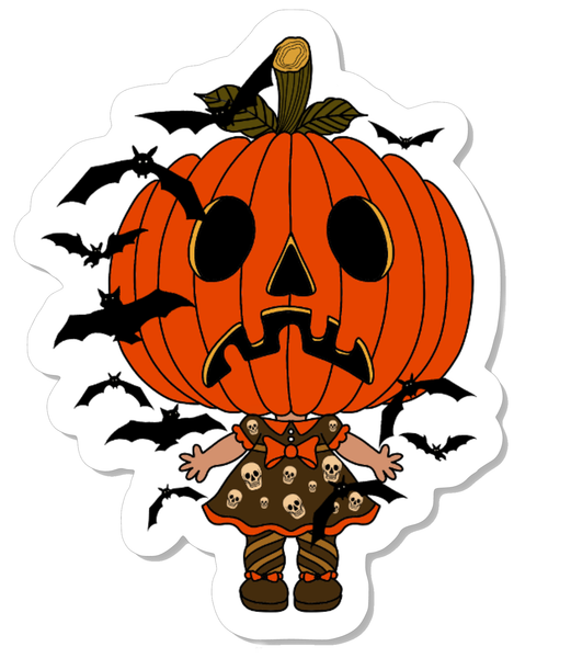 Vinyl sticker features jack o lantern head wearing a dress with skulls and orange trim, orange collar and orange bow. Black bats flying around.