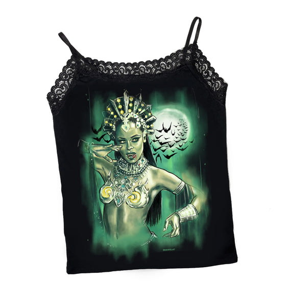 Black thin strap tank with black lace trim neckline. Features green printed image of Queen Akasha from the movie Queen of the Damned with red blood on her lip. Full moon and bats in background.