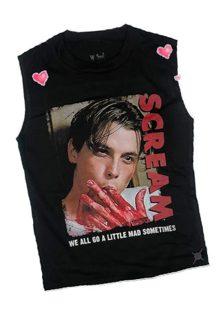 Black tank top with 'Scream' graphic design on a red background with heart shapes.