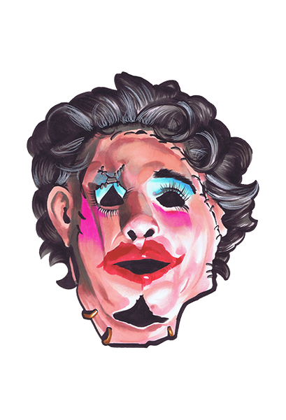 Wall decor features mask with gray curly hair, blue eye makeup, rosy cheeks and red lipstick.