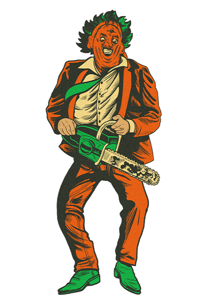 First wall decor features orange and green image of man in mask, wearing a suit and tie holding a chainsaw.