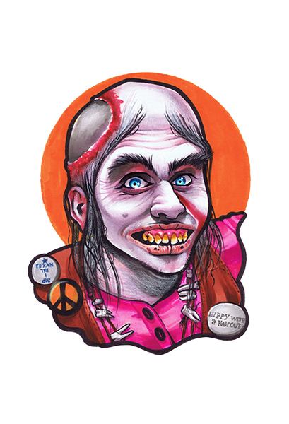 Wall decor features image of woman who is nearly bald with thin black strands of hair, bushy eyebrows, blue eyes, wearing a necklace made of teeth and pink top.