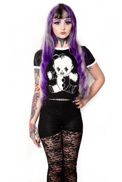 solid black ringer tee with white trim and white kewpie clown print