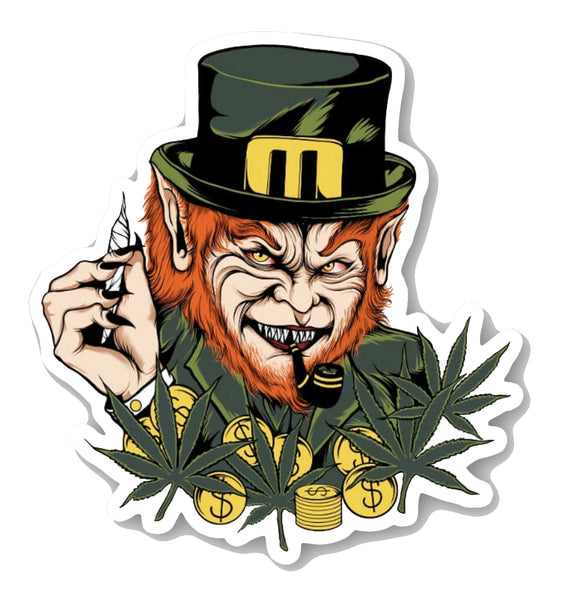 White vinyl sticker. Features image of evil Leprechaun with red hair and sharp teeth wearing green while holding a joint with black and yellow pipe in mouth. Yellow coins and green marijuana leaves in foreground.