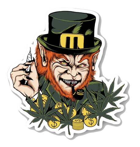 White vinyl sticker. Features image of evil Leprechaun with red hair and sharp teeth wearing green while holding a joint with black and yellow pipe in mouth. Yellow coins and green marijuana leaves in foreground.