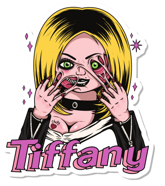 White vinyl sticker. Features Tiffany from the movie Bride of Chucky wearing black jacket and choker with her face melting. Black "Chucky" and red heart tattoo on her breast and pink sparkles in background of image. Inscription reads "Tiffany" in pink.