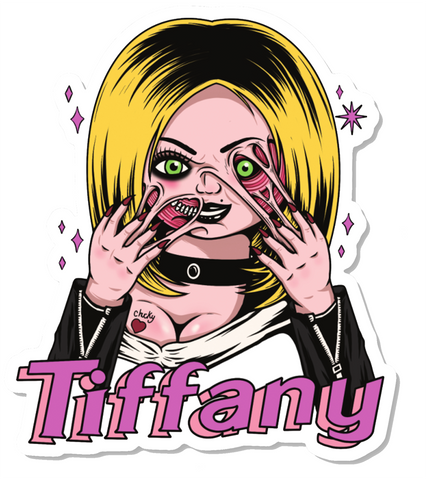 White vinyl sticker. Features Tiffany from the movie Bride of Chucky wearing black jacket and choker with her face melting. Black "Chucky" and red heart tattoo on her breast and pink sparkles in background of image. Inscription reads "Tiffany" in pink.