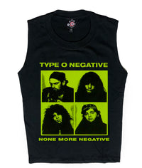 Black high neck sleeveless tank top. Features green print of four squares with pictures of the musicians from the band Type O Negative in each square. Inscription reads "TYPE O NEGATIVE" and "NONE MORE NEGATIVE" in green.