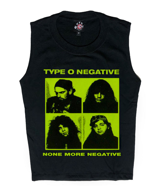 Black high neck sleeveless tank top. Features green print of four squares with pictures of the musicians from the band Type O Negative in each square. Inscription reads "TYPE O NEGATIVE" and "NONE MORE NEGATIVE" in green.