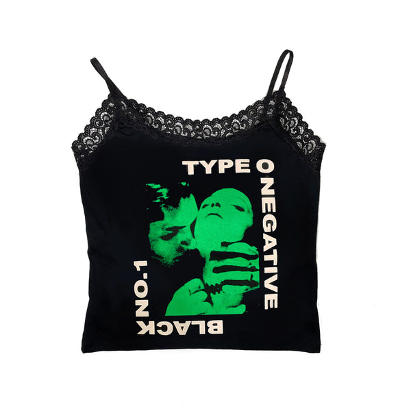 Black thin strap tank top with black lace trim neckline. Features green image of man behind woman holding her by the neck. Inscription reads "TYPE O NEGATIVE" and "BLACK NO.1" in white.