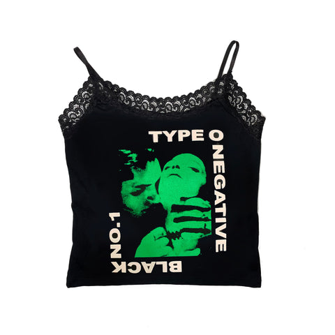 Black thin strap tank top with black lace trim neckline. Features green image of man behind woman holding her by the neck. Inscription reads "TYPE O NEGATIVE" and "BLACK NO.1" in white.